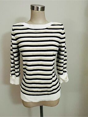 Karen Scott Navy blue , gold  and White Striped Crewneck Sweater